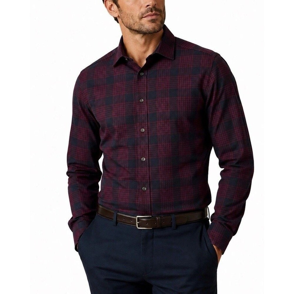 Charles Tyrwhitt Slim Fit Dress Shirt Mens 17.5 34 Burgundy Navy Plaid Cotton